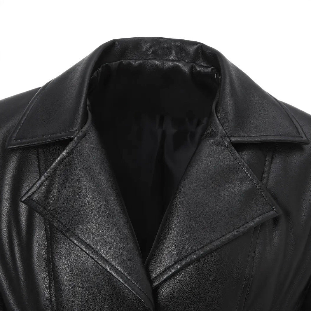 Women's Leather Mid-length Slim Trench Imitation Lapel Coats