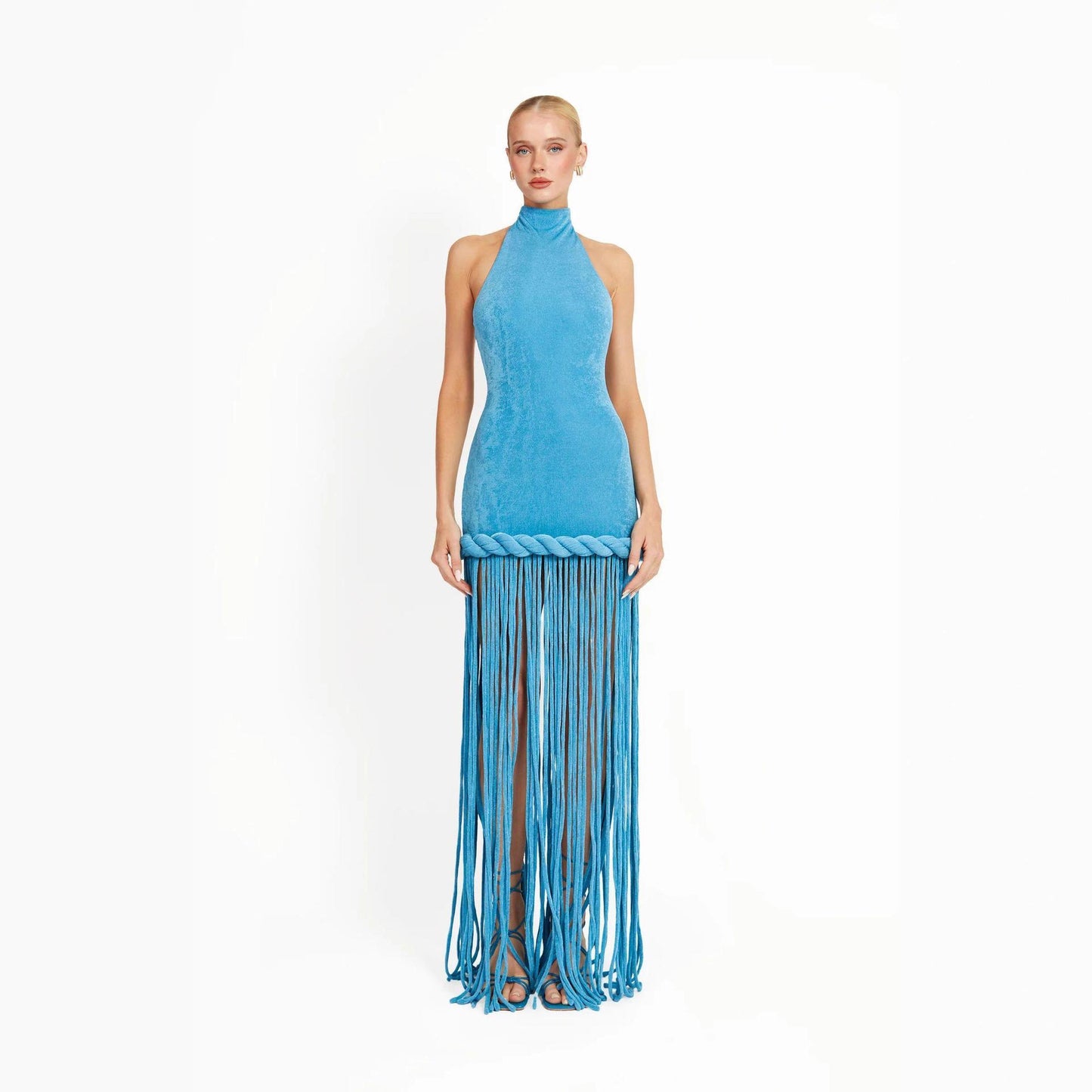 Collar Halter Veet Dress Blue Slim Fit Tassel Dresses