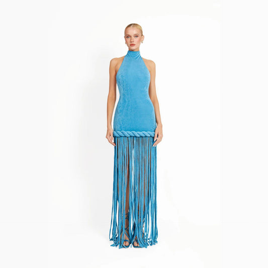 Collar Halter Veet Dress Blue Slim Fit Tassel Dresses