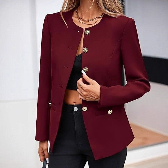 Women's Round Neck Long Sleeves Button Pocket Blouses