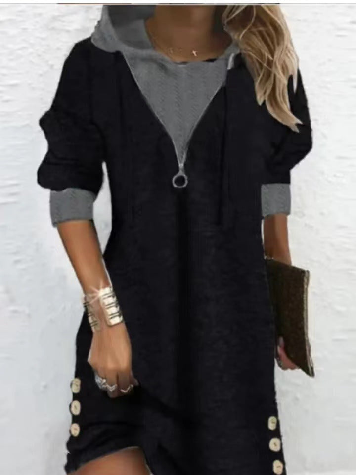 Sleeve Round Neck Printed Zipper Mid-length Women's Sweater, Sweater