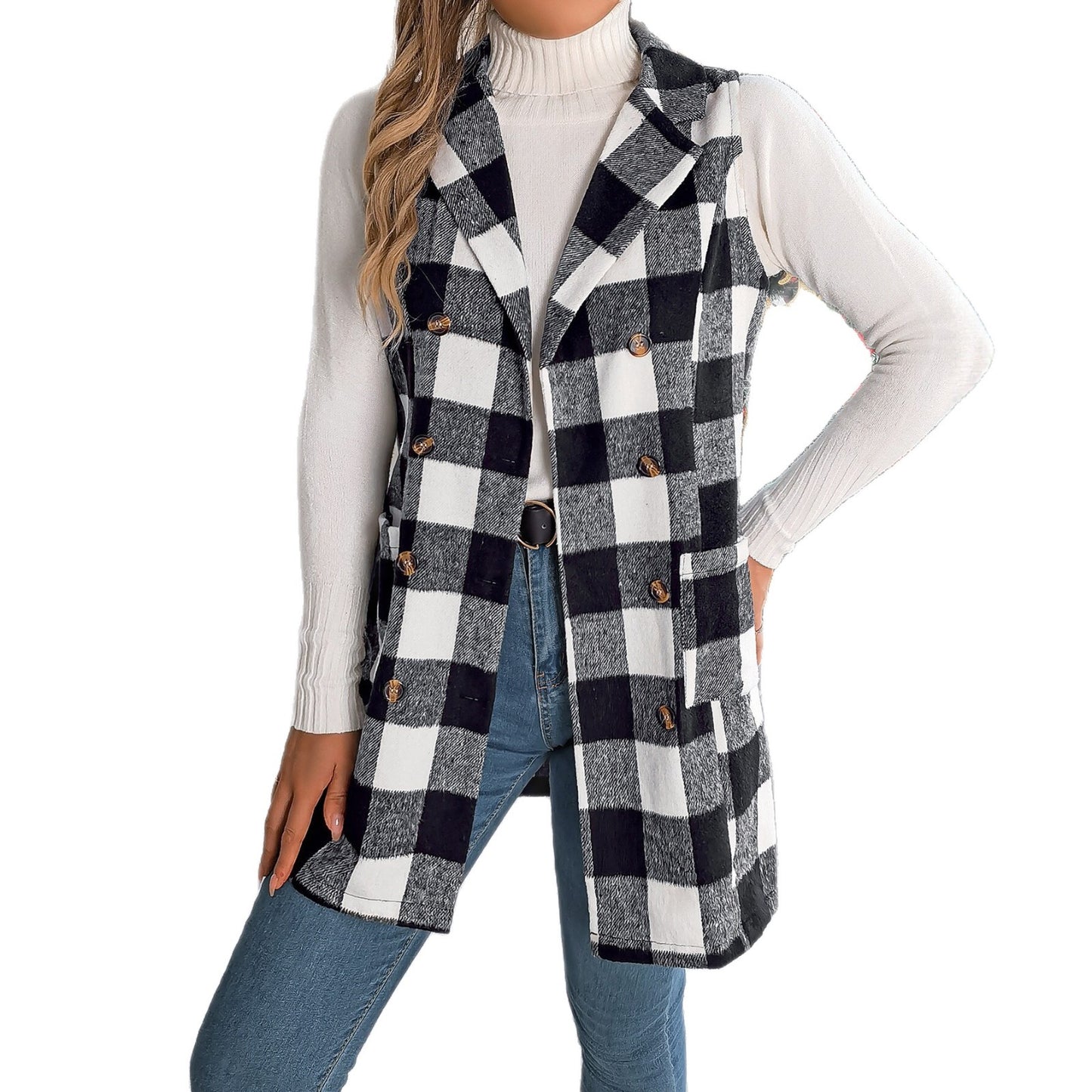 Women's Casual Contrast Color Plaid Sleeveless Double Vests