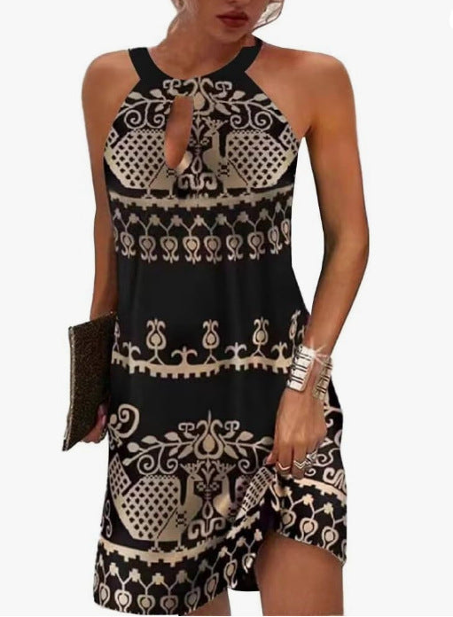 Women's Fashion Casual Printing Sleeveless Halter Hollow Dress