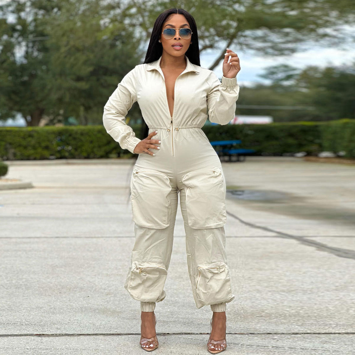 Women's Cargo Overalls Metal Zipper Bread Bag Jumpsuits
