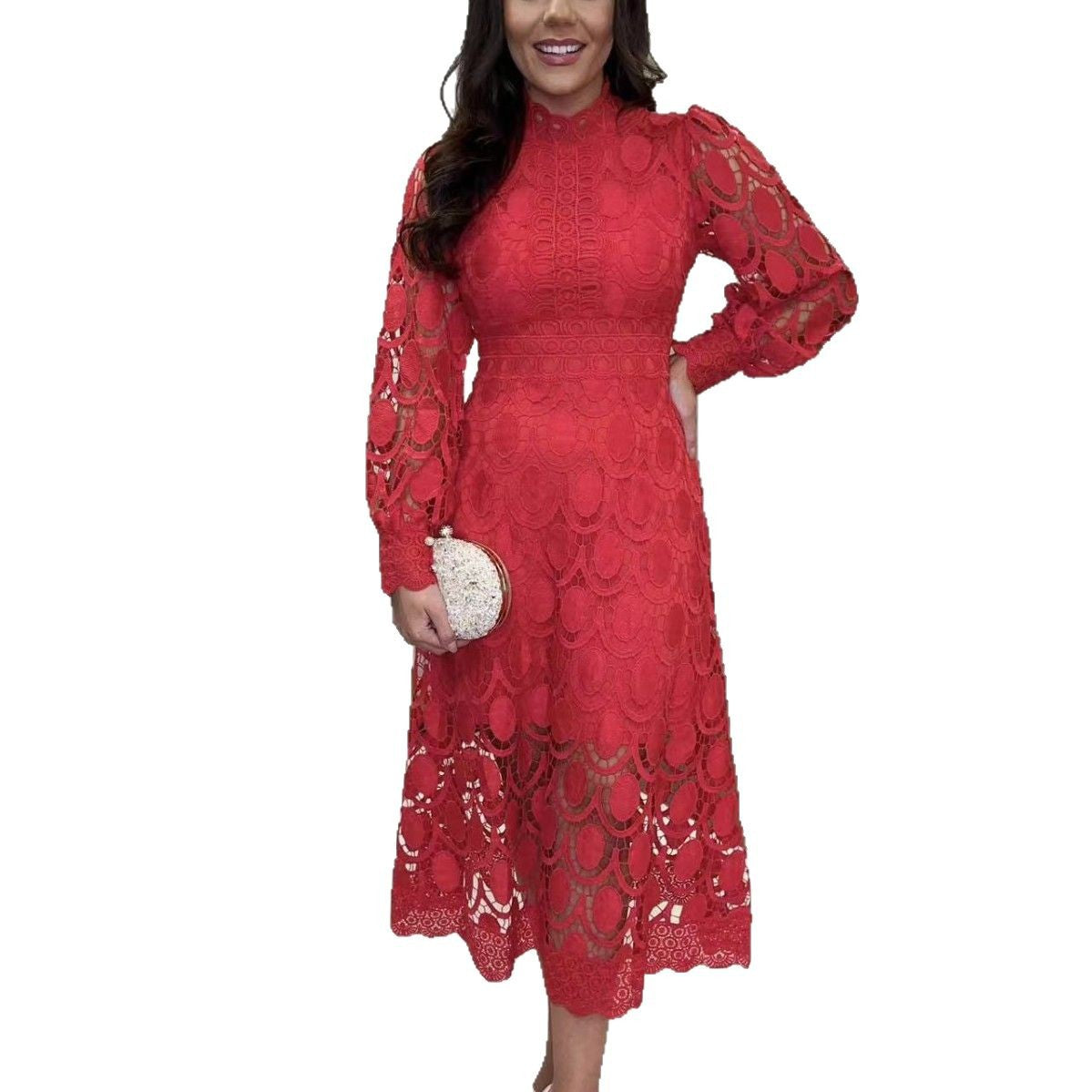 Sexy Hollow Long-sleeved Stand Collar Large Dress