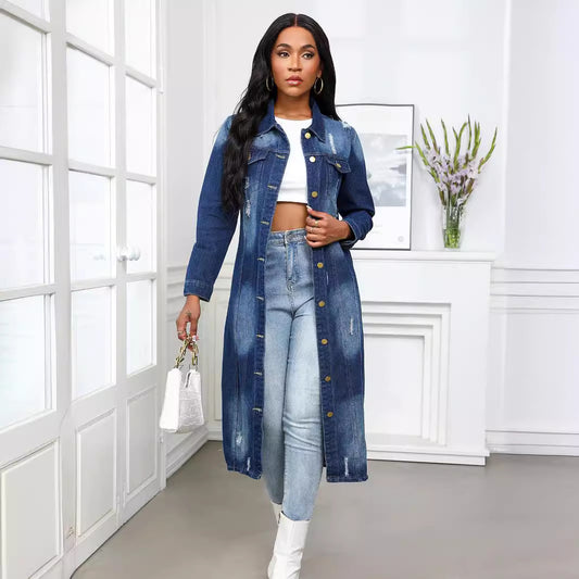 Women's Long Ripped Denim Trench Overcoat Jackets