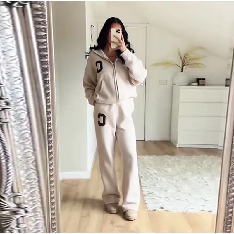 Solid Color Knitted Hooded Loose Trousers Suits
