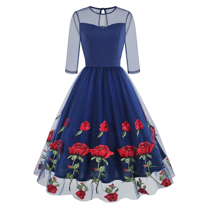 Round Collar Gauze Rose Embroidered Vintage Dresses