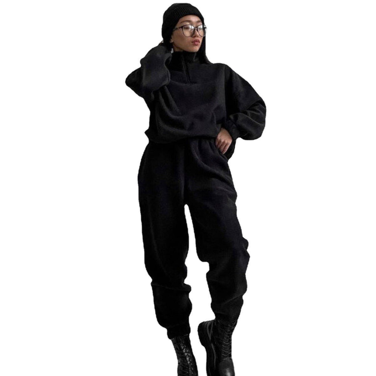 Women's Solid Color Loose Zip Stand Collar Suits
