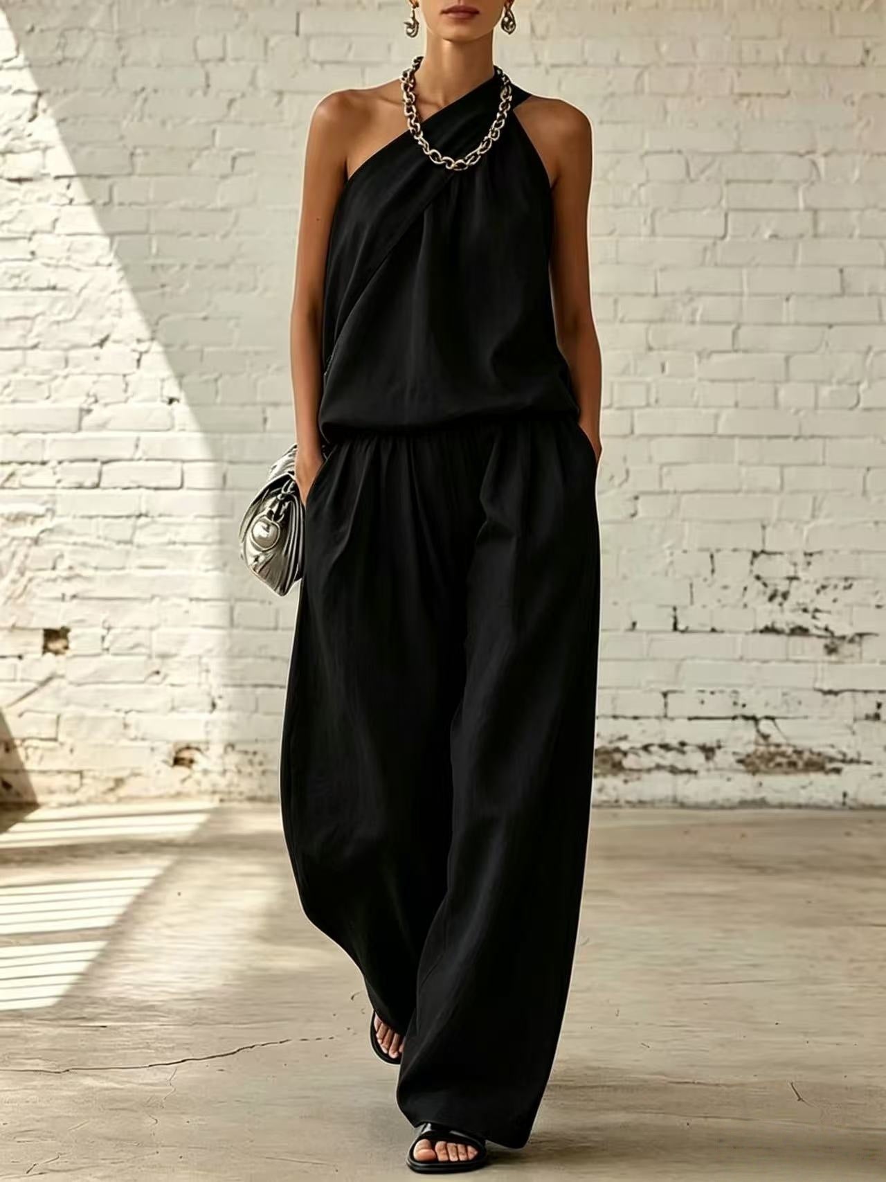 Linen Sleeveless Cold-shoulder Solid Color Wide Fashion Casual Suit