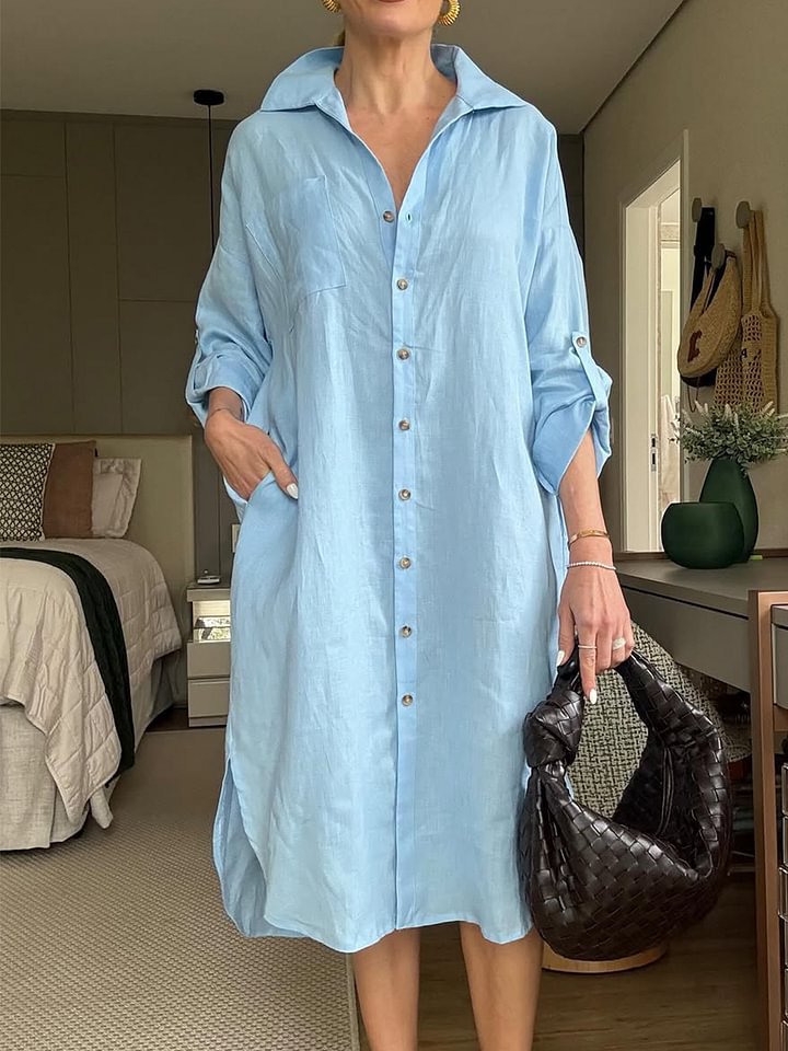 Women's Cotton Linen Shirtdress Fashion Casual Long Dress