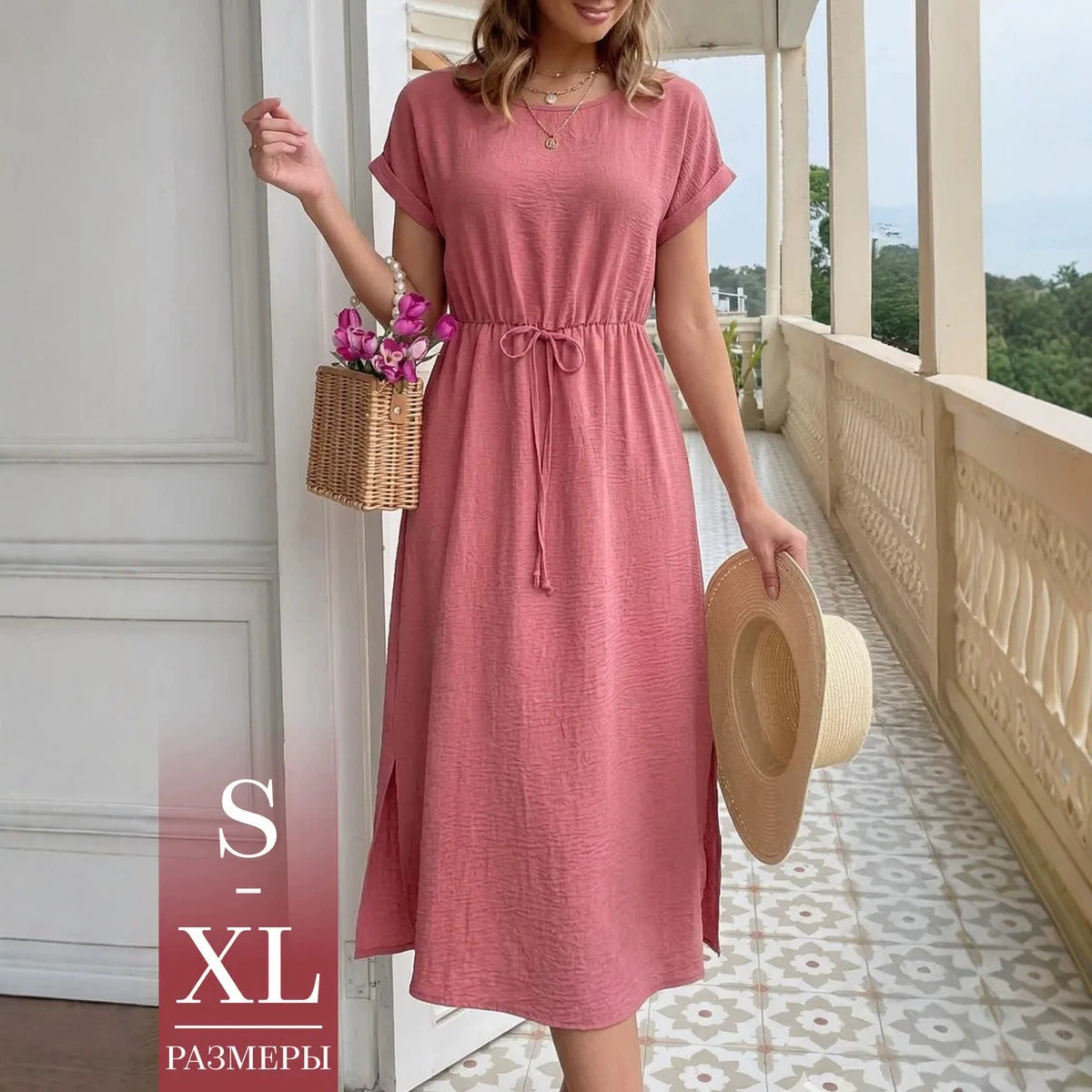 Women's Summer Casual Round Neck Loose Waist Trimming Short-sleeved Dress