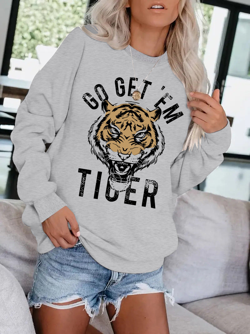 Women's Round Neck Tiger Head Portrait Printing Stylish Tops