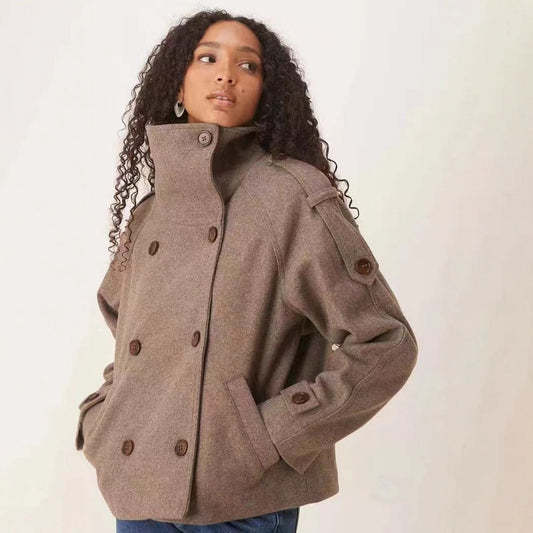 Women's Quality Woolen Stand Collar Double Breasted Temperament Coats