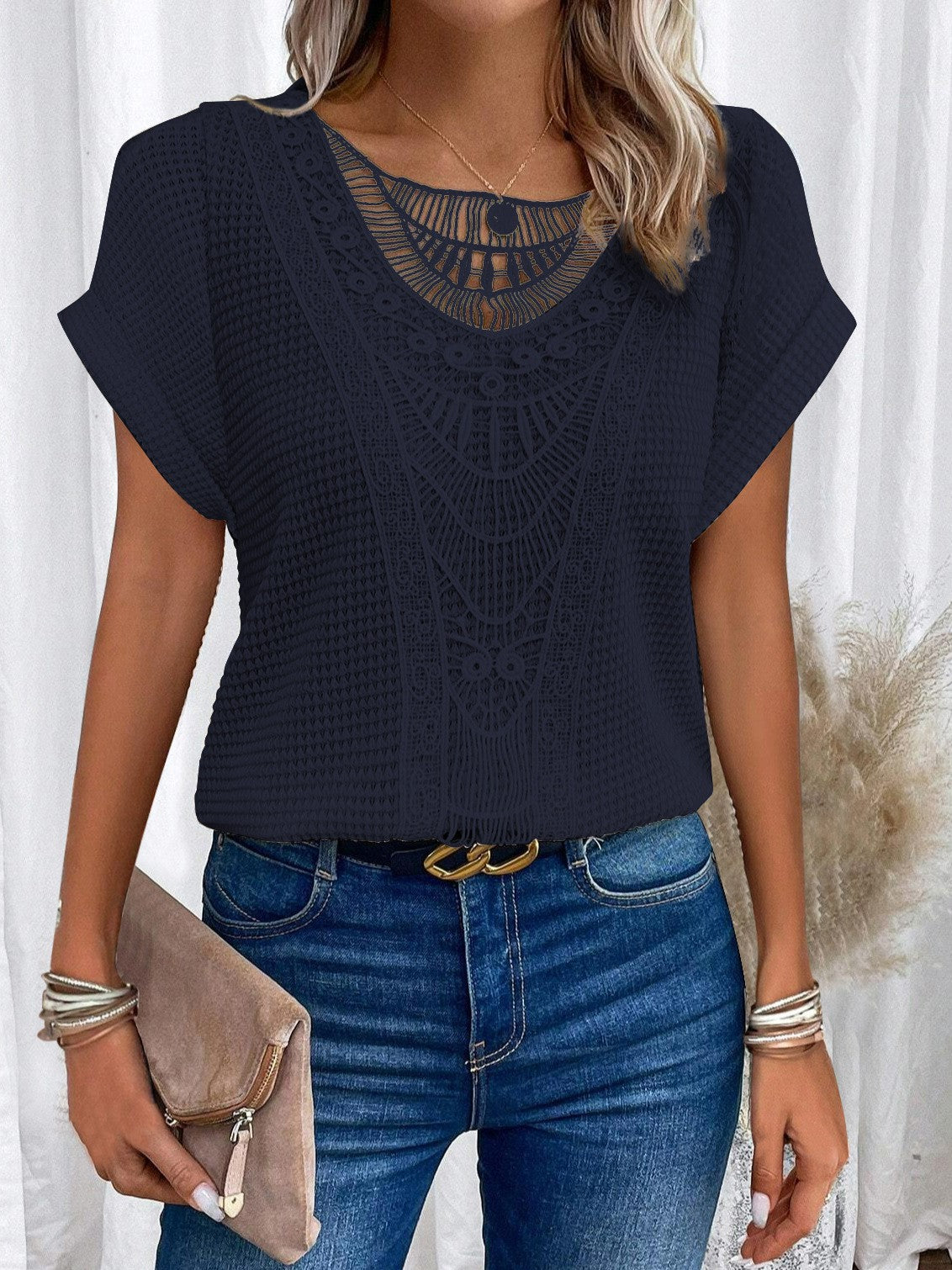 Pretty Fashion Women's Lace Patchwork Short-sleeved Women's T-shirt