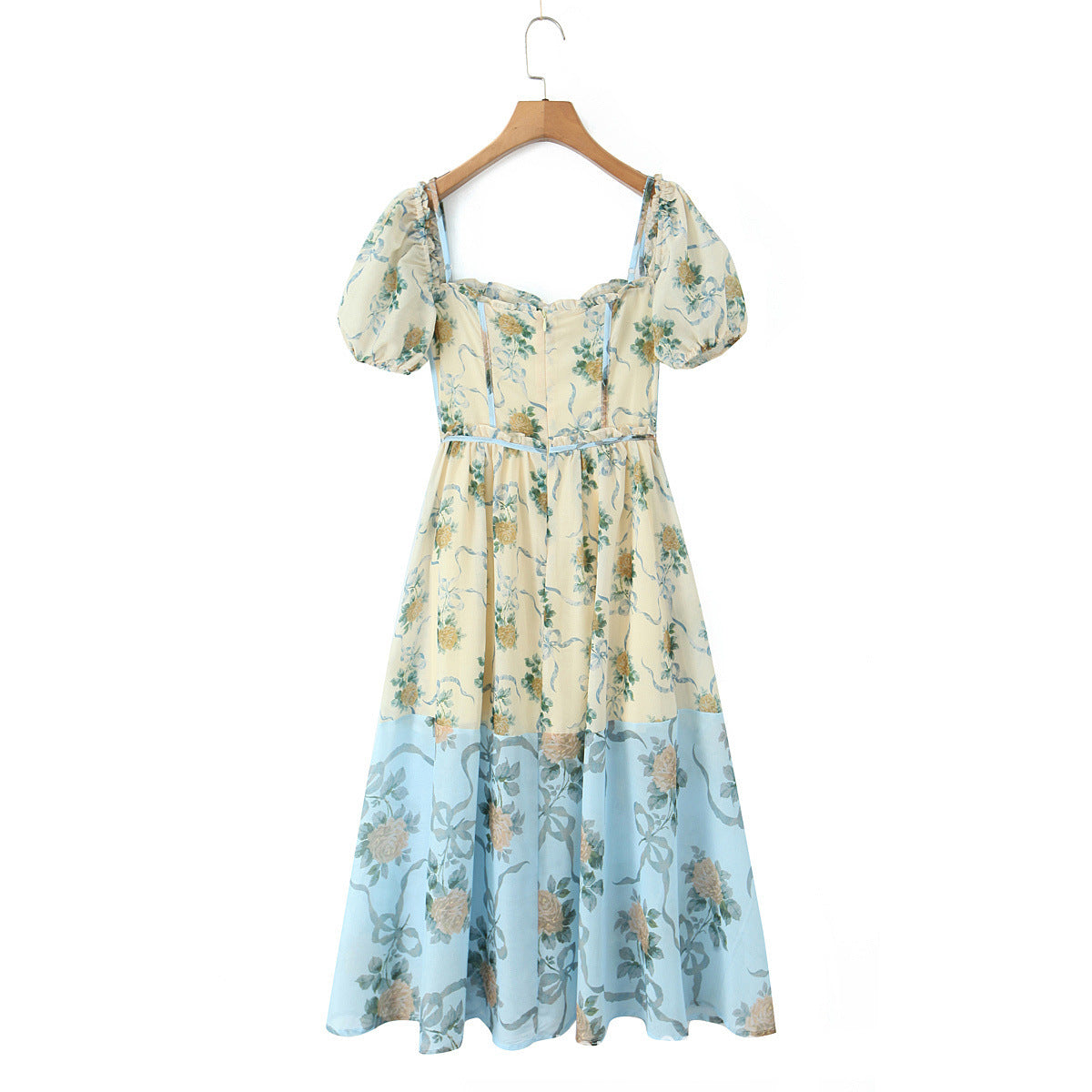Retro Romantic Print Stitching Puff Sleeve Dresses