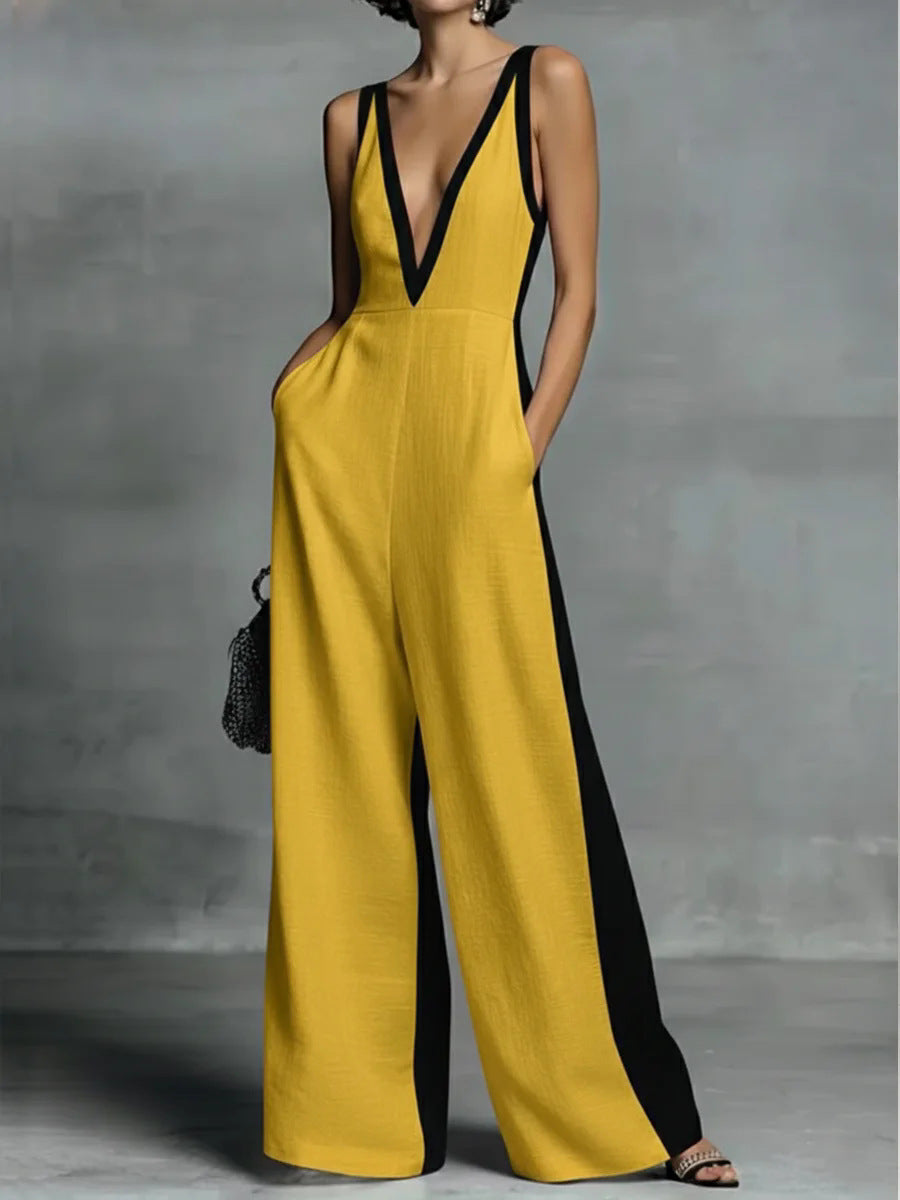 Women's Summer Fashion Wear Sleeveless Contrast Color Sling Wide Jumpsuits