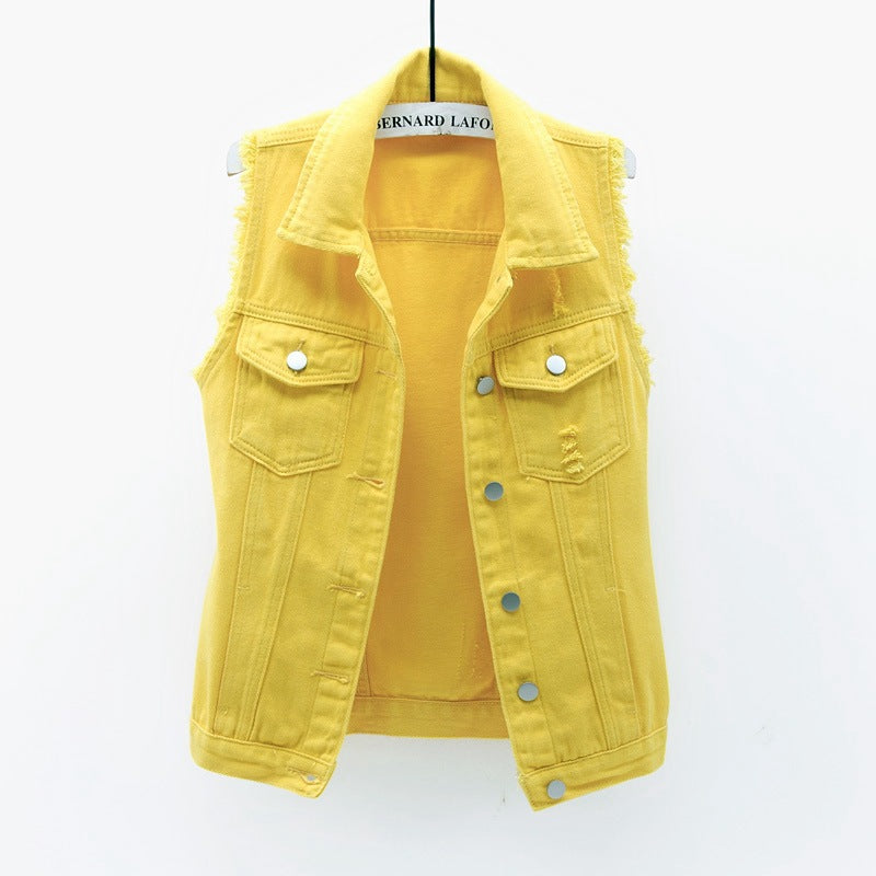 Women's Denim Slimming Frayed Sleeveless Khaki Tops