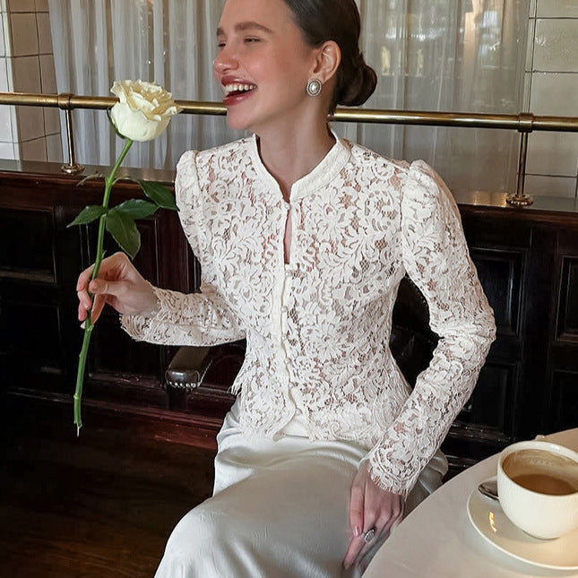 Women's Puff Sleeve Lace Knitted Jacquard High-grade Blouses
