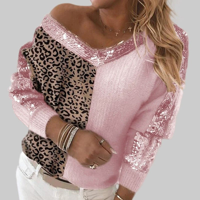 Women's Sequins Stitching Leopard Print Elegant Pullover Sweaters