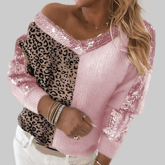 Women's Sequins Stitching Leopard Print Elegant Pullover Sweaters