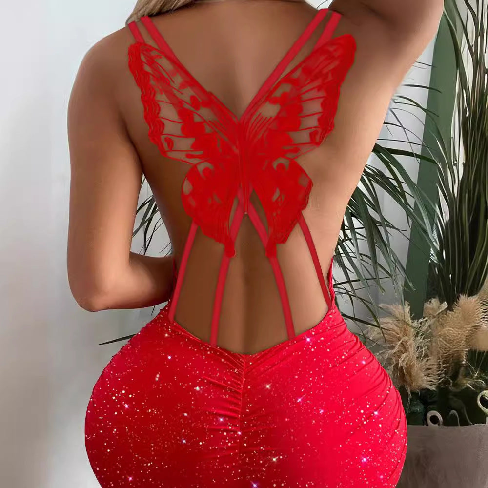 Fashion Back Butterfly Hollow Flash Stretch Dress