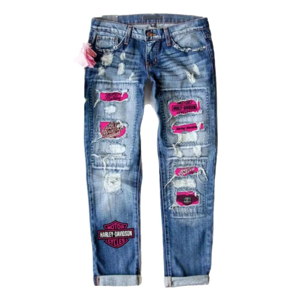 Women's Fashion Holes Printed Patch Straight Women's Jeans