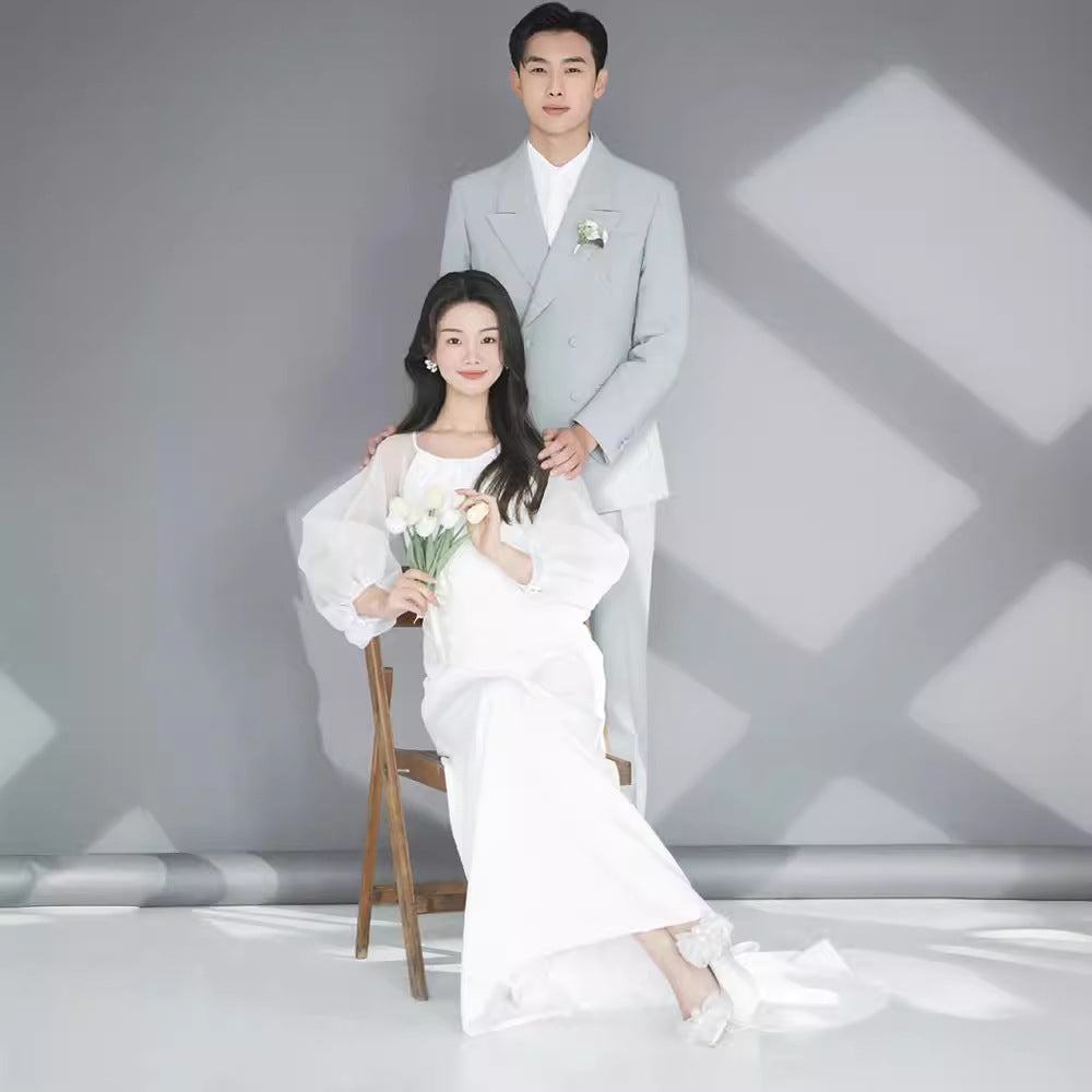 Light Dress White Long Sleeve Satin Gown Bride Wedding Dresses
