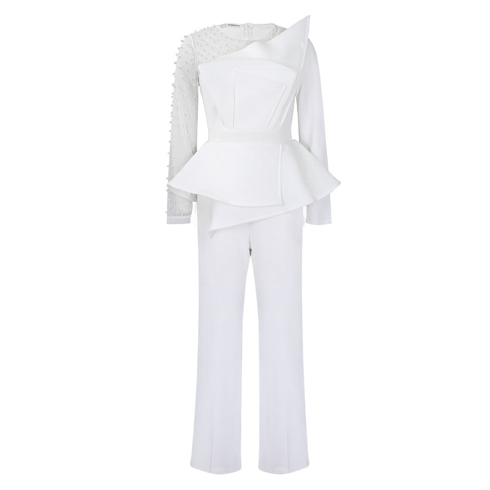 Long Sleeve Temperament Mesh Splicing Beads Slimming Women's Jumpsuit/clothing