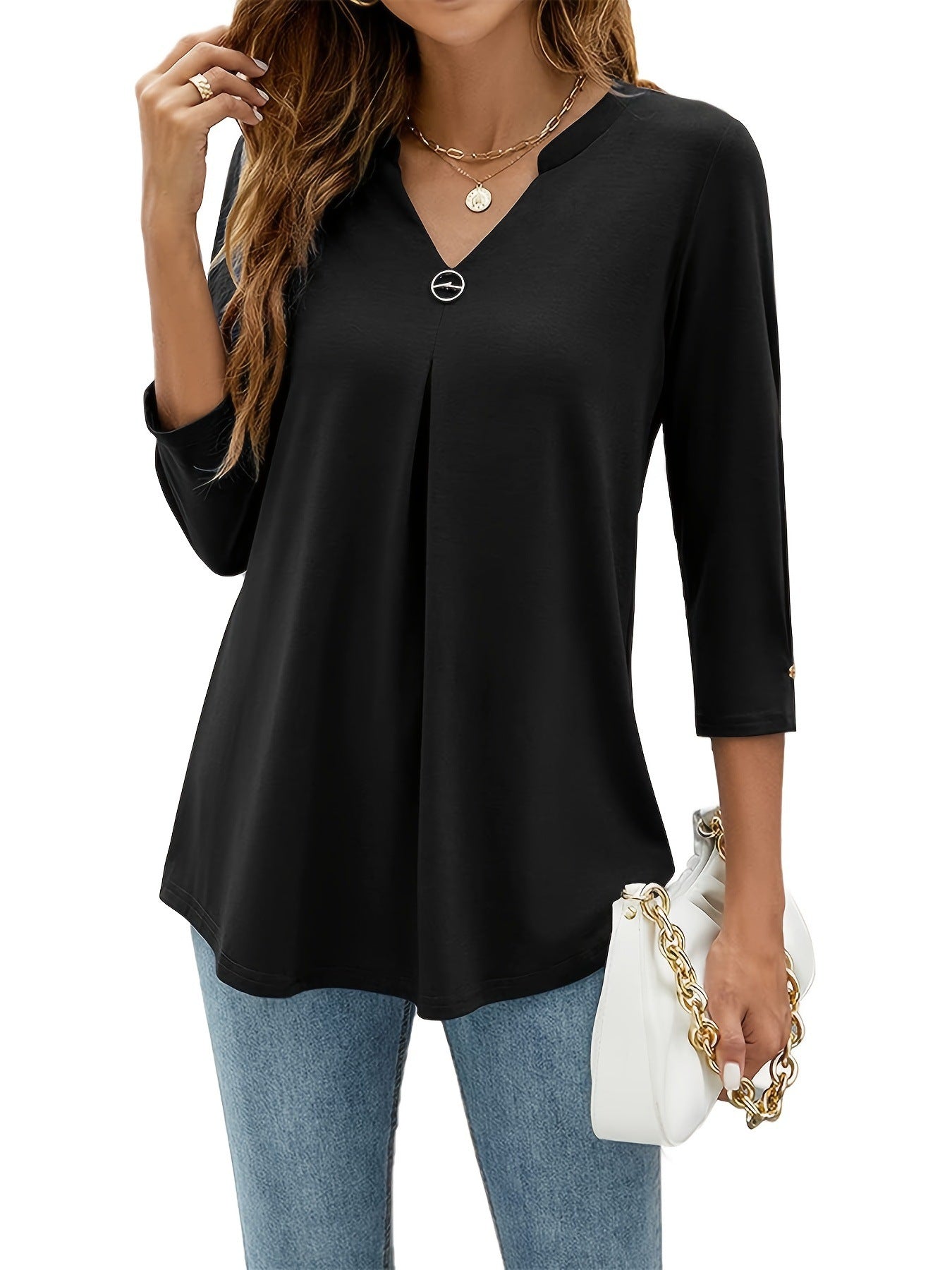 Women's Three-quarter Sleeve Solid Color Clinch Pleated Women's T-shirt