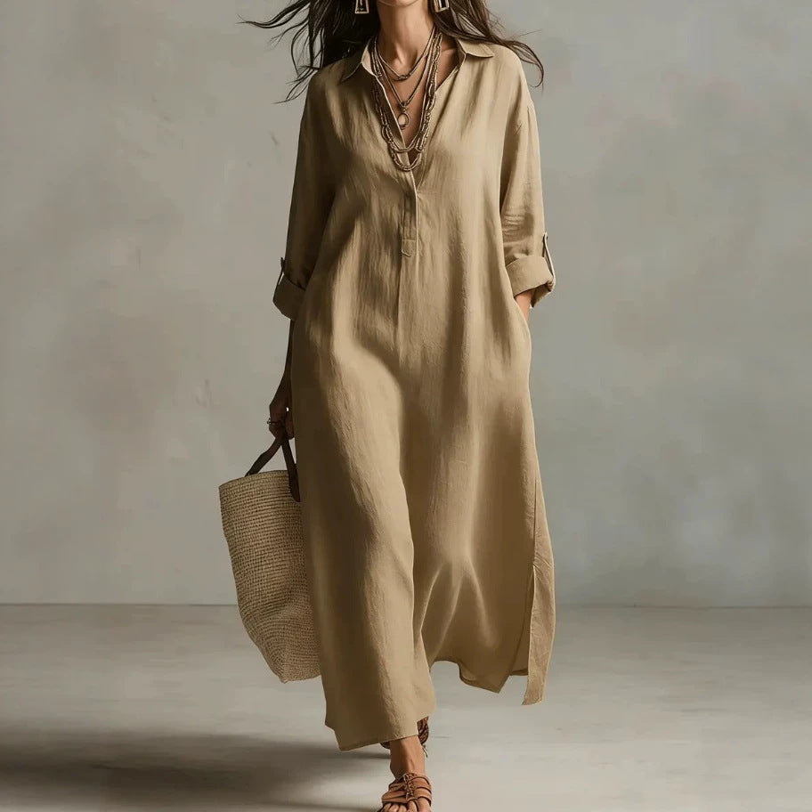 Cotton Linen Dress Solid Color Polo Collar Long Sleeve Fashion Casual Suit