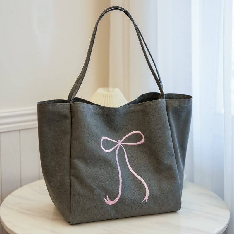Capacity Bowknot Embroidered Canvas Female Heart Shoulder Bags