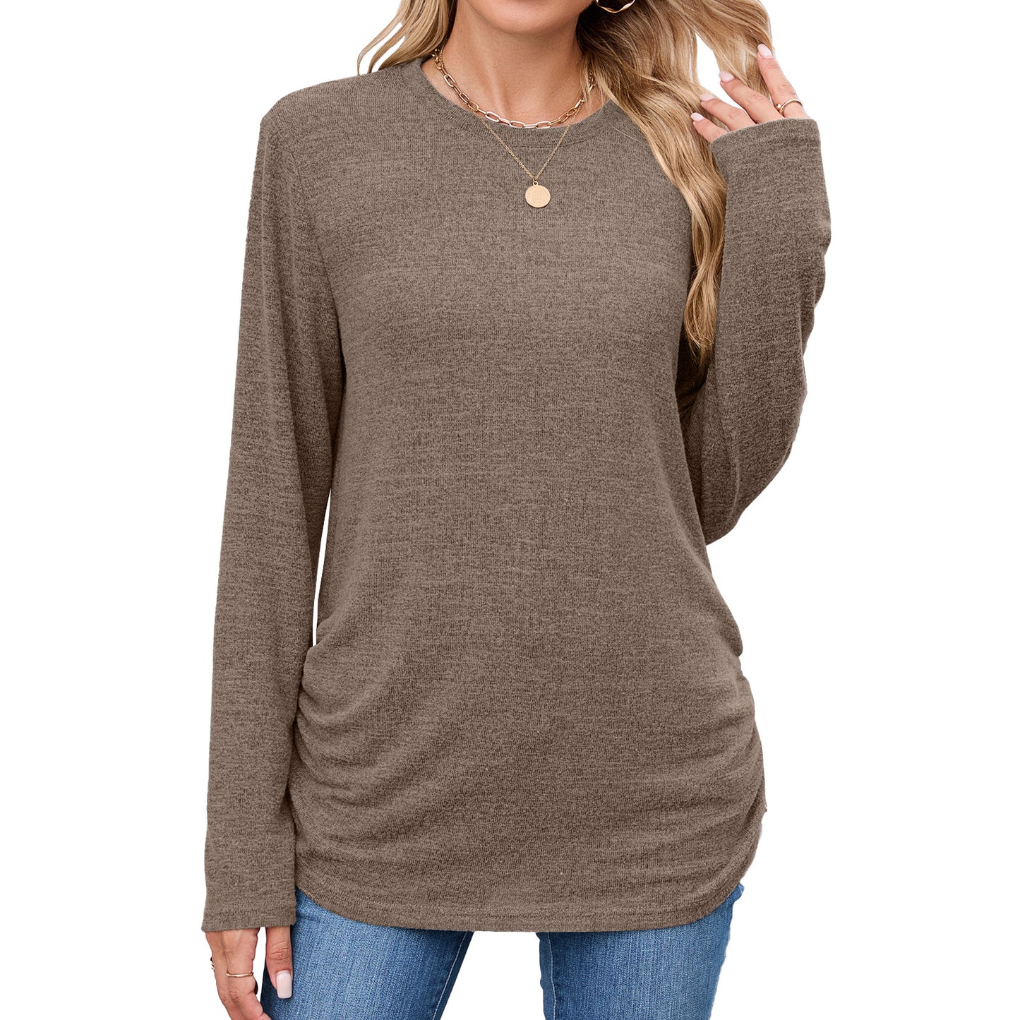 Women's Solid Color Round Neck Loose Long-sleeved Women's T-shirt
