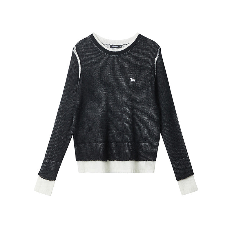 Women's Color Pullover Round Neck Stitching Design Knitted Sweaters