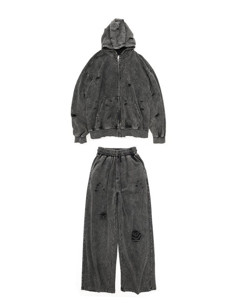 Ripped Long Sleeves Hooded Washed Heavy Sweaters