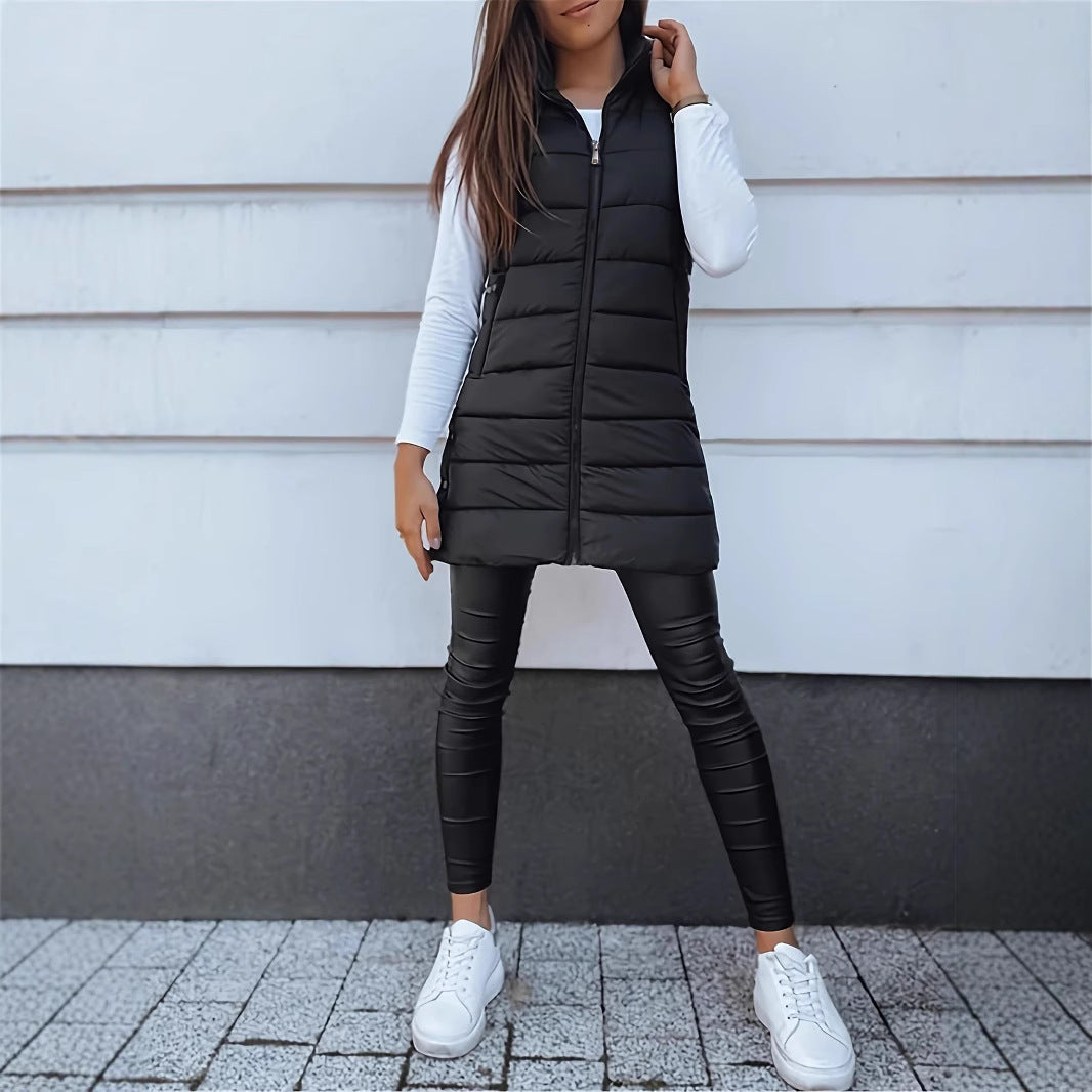 Women's Solid Color Hooded Zipper Cotton Mid-length Vests