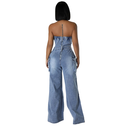 Women's Casual Fashion Tube Slim Fit Denim Jumpsuits