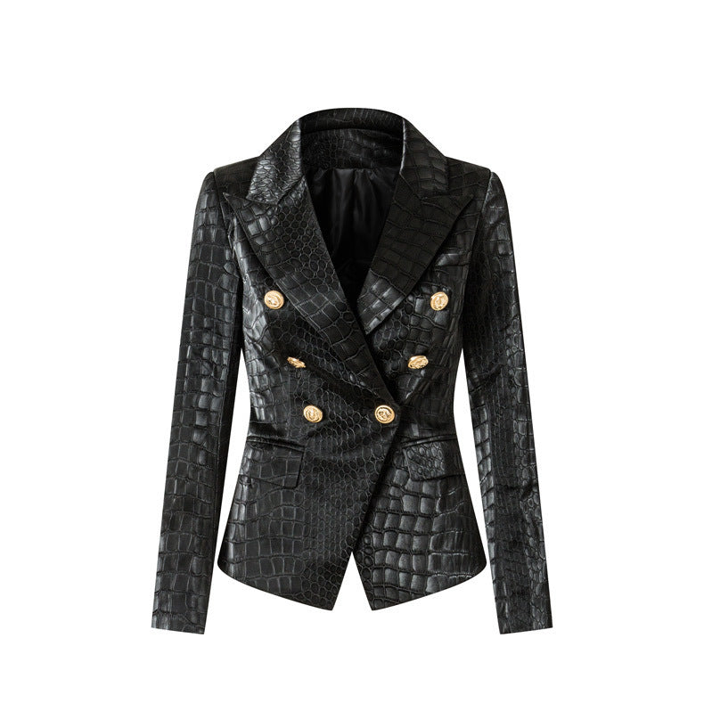 Leather Pattern Slim Metal Buckle Waist Blazers