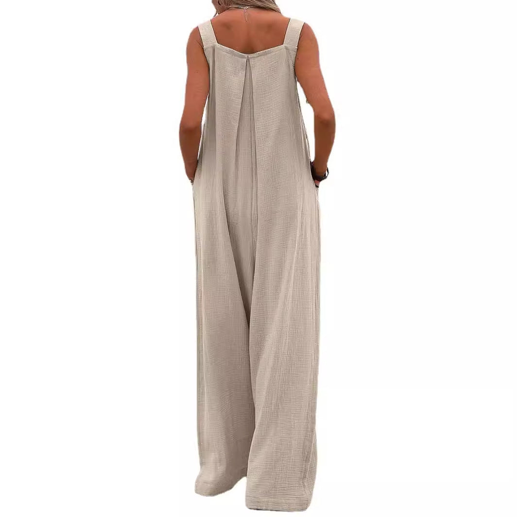 Women's Style Fashion Button Solid Color Wide Jumpsuits