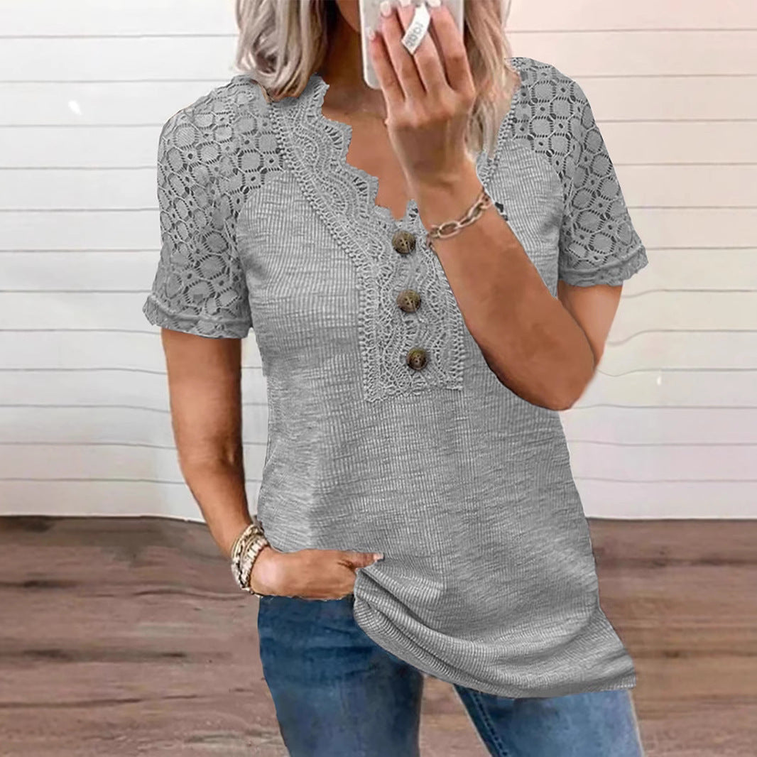 Classic Unique Women's Buttons Hollow Lace Women's T-shirt
