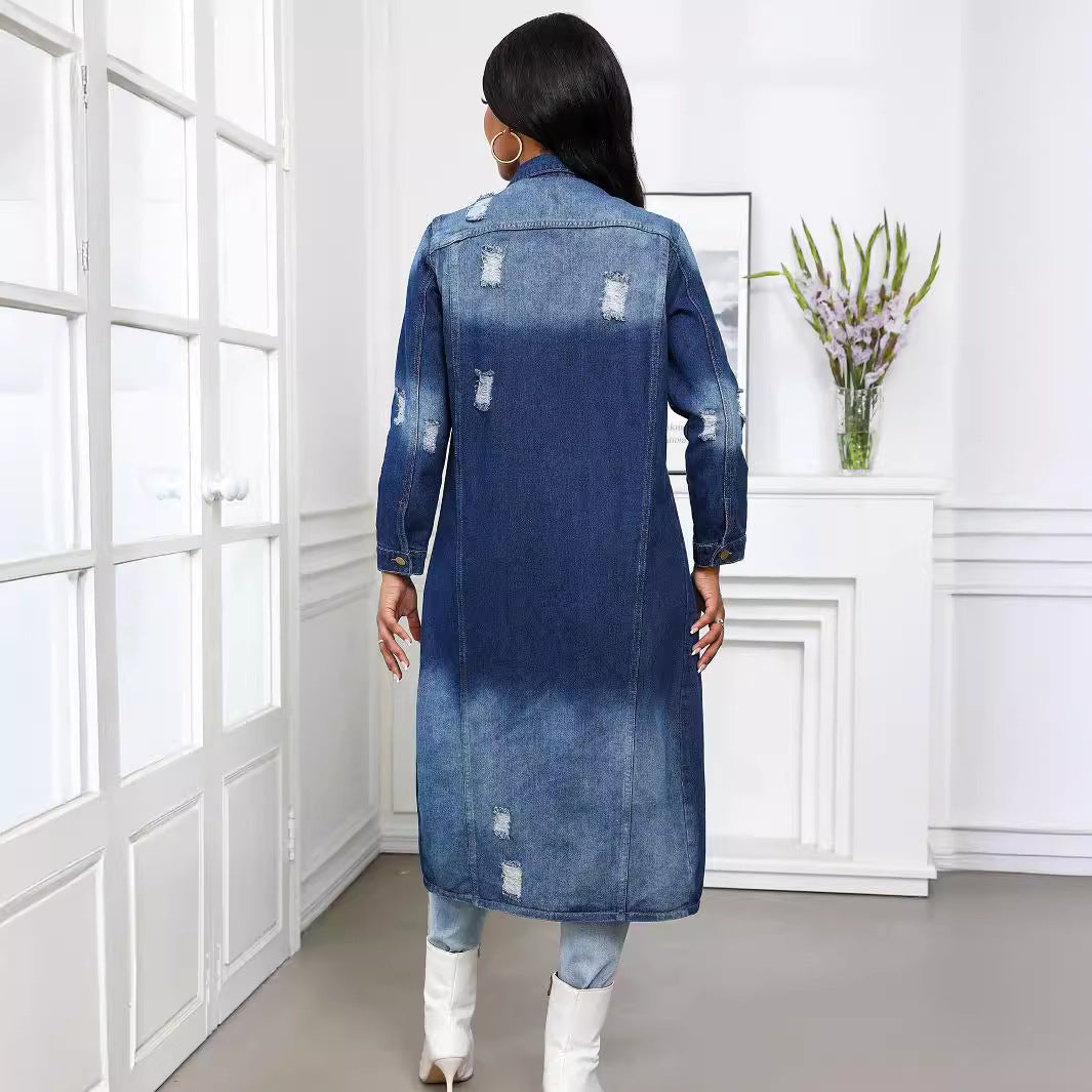 Women's Long Ripped Denim Trench Overcoat Jackets