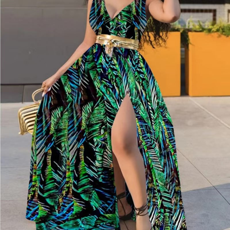 Women's Printed Elegant Sleeveless Sexy Slit Large Dress