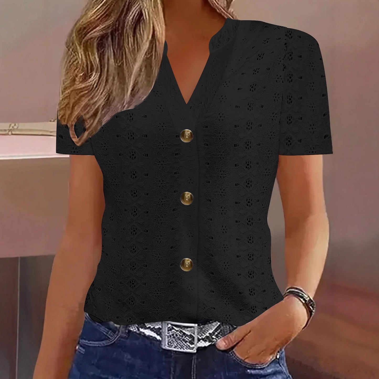 Women's Clothes Fashion Casual Solid Color Buttons Women's T-shirt