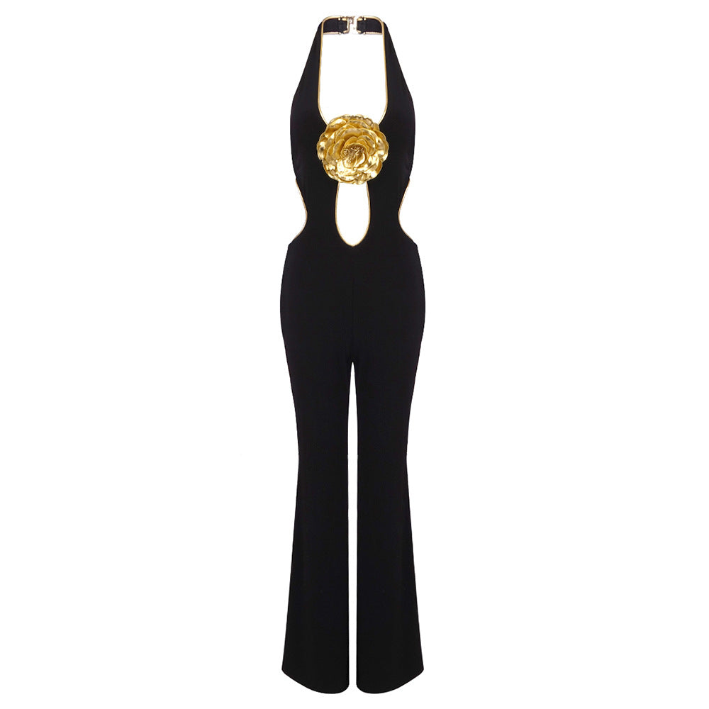 Women's Golden Flower Sleeveless Backless Halter Sexy Trousers Jumpsuits