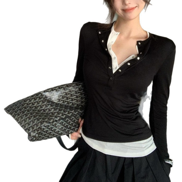 Women's Slim Fit Fake Two-piece Long Sleeve T-shirt Blouses