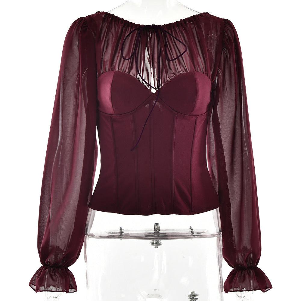 Chiffon Patchwork Autumn Fashion Tie Pleated Tops