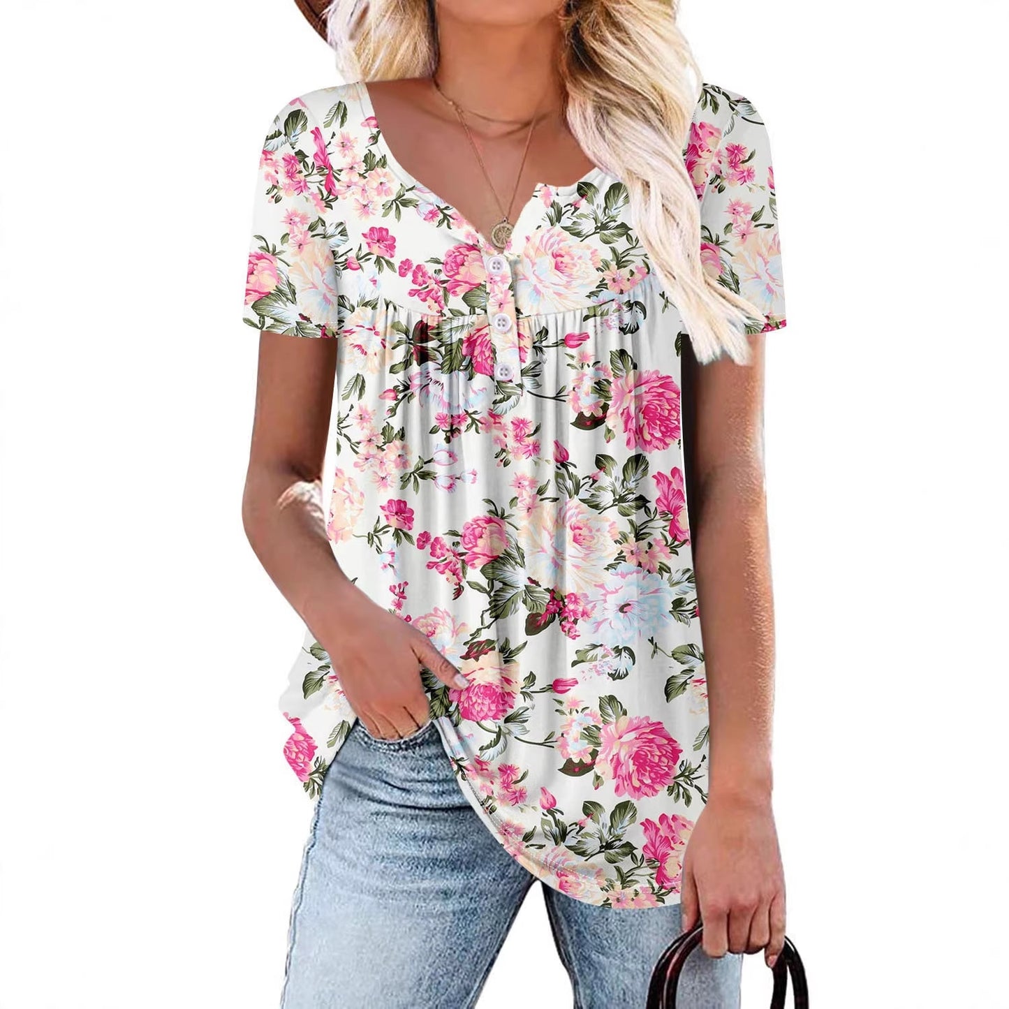 Women's Summer Fashion Button Flower Printed Short-sleeved Tops