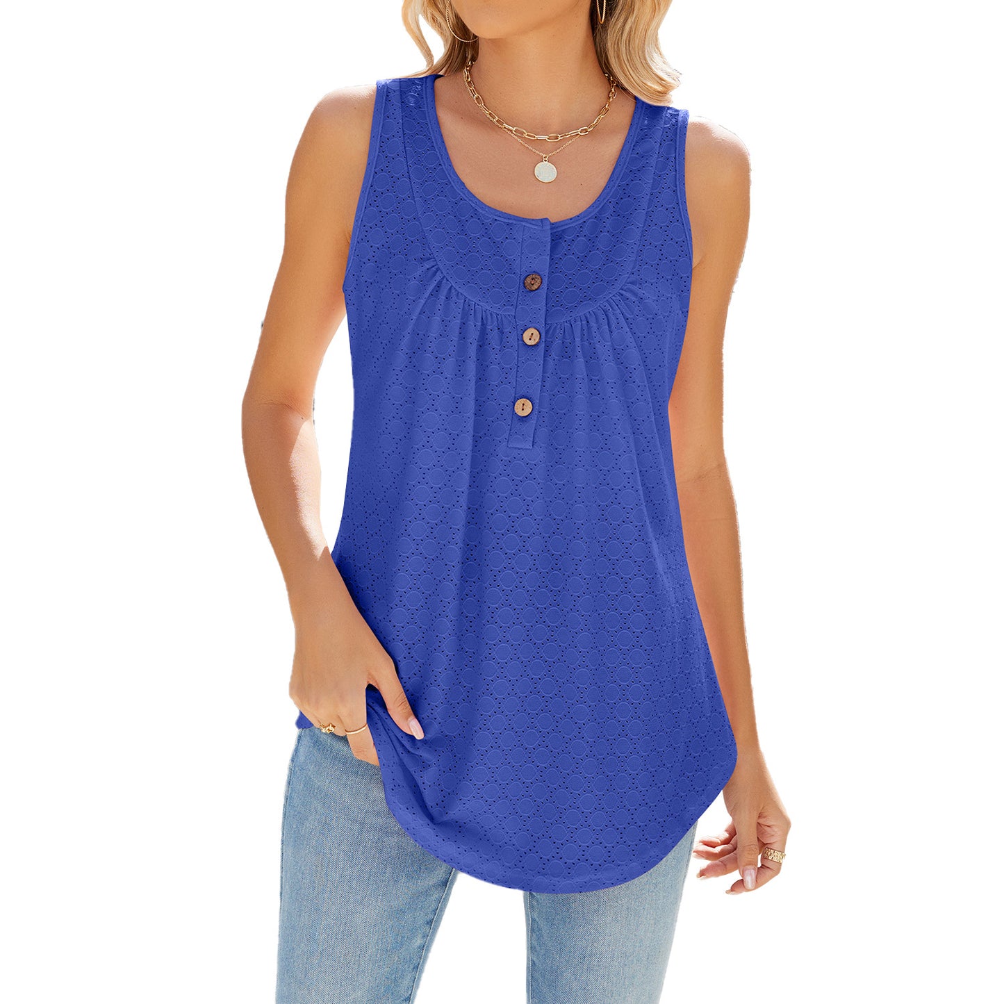 Summer Solid Color Round Neck Button Women's T-shirt