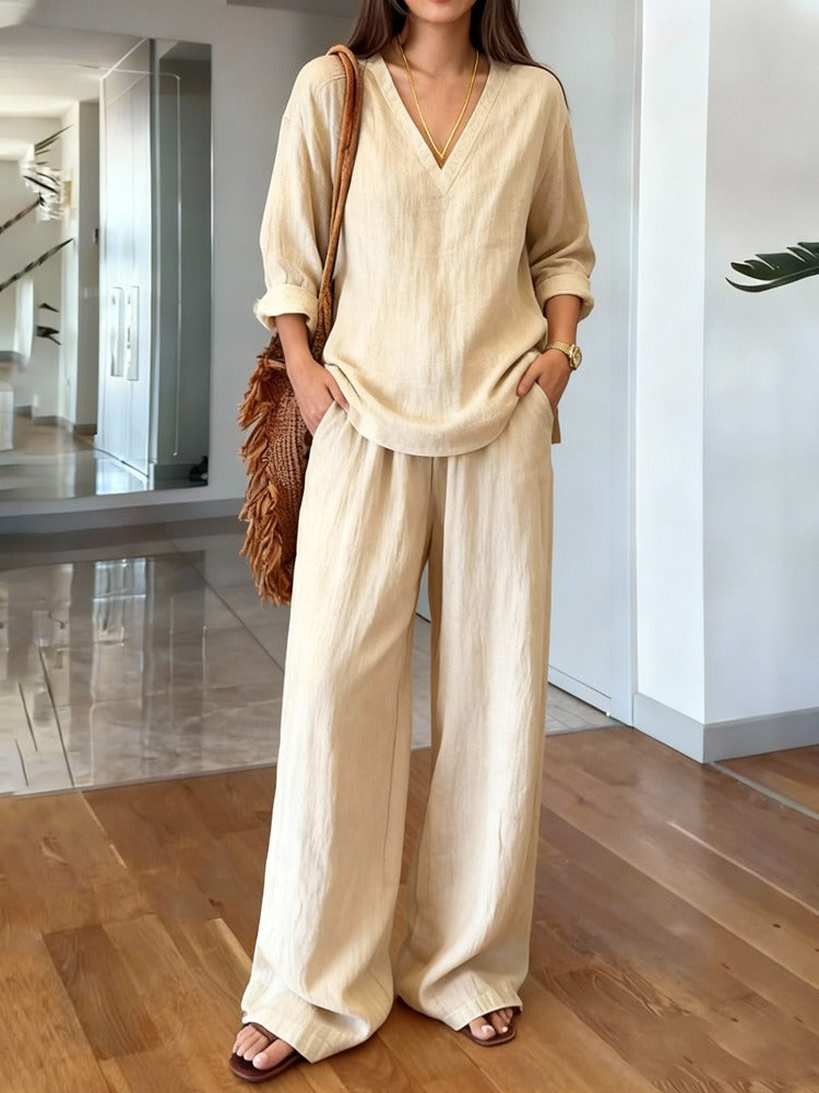 Women's Pullover Long Sleeve Washed Cotton Summer Fashion Casual Suit