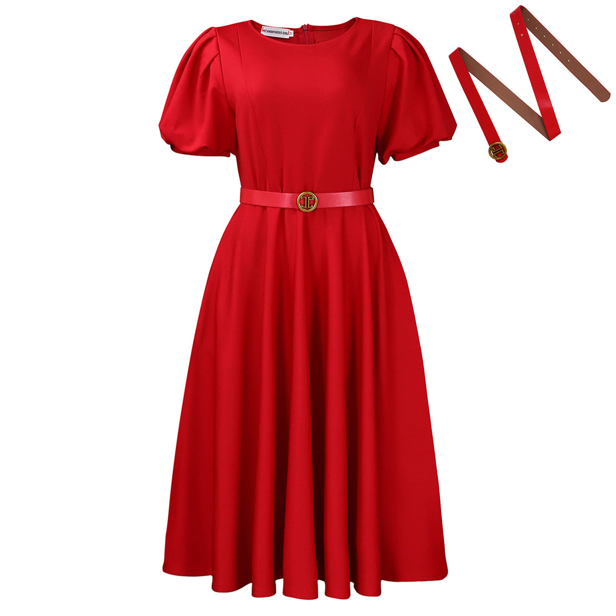 Women's Round Neck Elegant Large Hem Puff Sleeve Dress